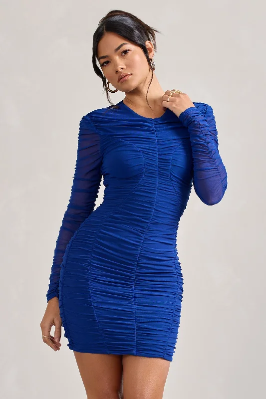 Ruffled Women Dress with Multiple Layers for a Playful and Girly StyleEuphoria | Cobalt Blue Ruched Long Sleeve Mini Dress