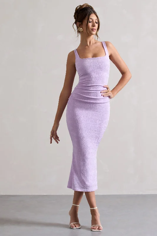 Long - Sleeve Women Dress in Velvet for a Luxurious Winter LookEvora | Lilac Ruched Square-Neck Fishtail Midi Dress