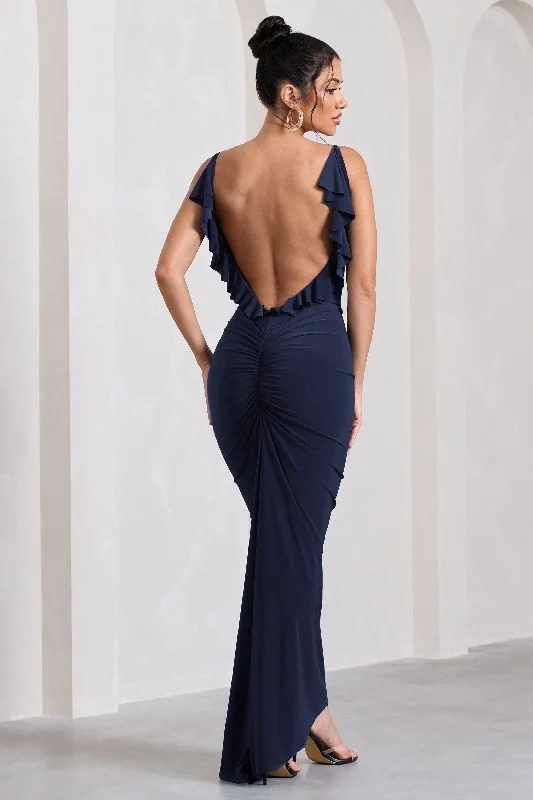 Long - Sleeve Women Dress in Velvet for a Luxurious Winter LookFlute | Navy Bodycon Maxi Dress With Ruched Ruffled Back