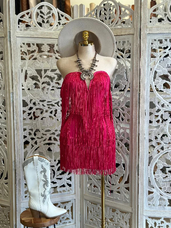 Off - the - Shoulder Women Dress for a Romantic and Feminine LookFuchsia ￼Fringe Dress- Stretchy, Estira