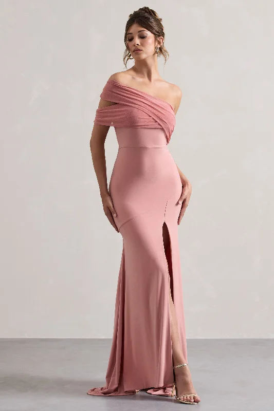 Empire Waist Women Dress to Accentuate the Bust and Conceal the WaistFused | Blush Asymmetric Bardot Split Maxi Dress