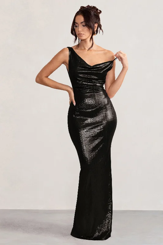 Mermaid - Style Women Dress with a Fitted Silhouette for Special OccasionsGalaxy Shimmer | Black Bias Cut Cowl Front Maxi Dress