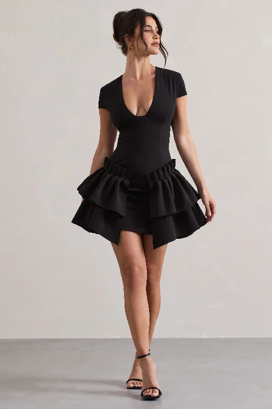 Ball Gown Women Dress with a Full Skirt for a Princess - like LookGenevieve | Black Plunge-Neck Mini Dress With Layered Hem