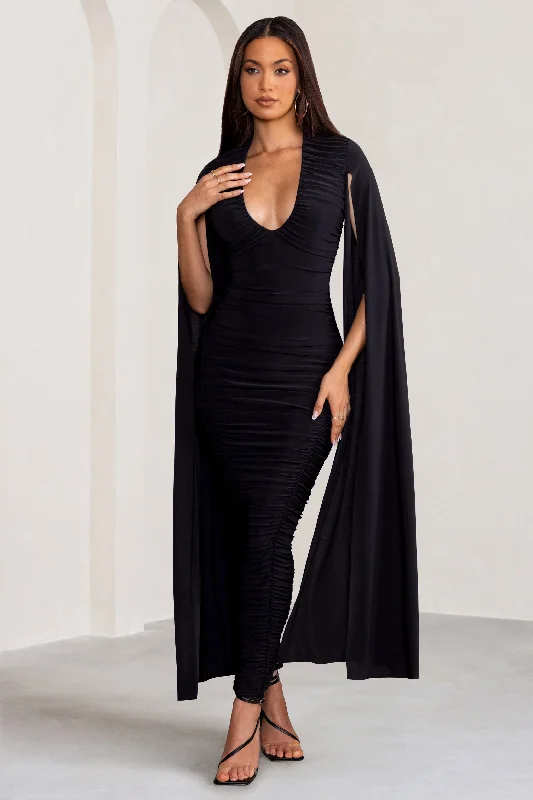 Wrap - Style Women Dress with Adjustable Fit for All Body TypesGeorgiana | Black Plunge Ruched Maxi Dress with Cape Sleeves