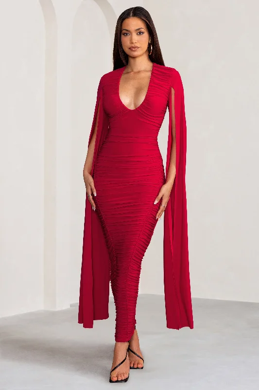 Plus Size Women Dress with a Flattering A - Line Cut for Comfort and StyleGeorgiana | Red Plunge Ruched Maxi Dress with Cape Sleeves