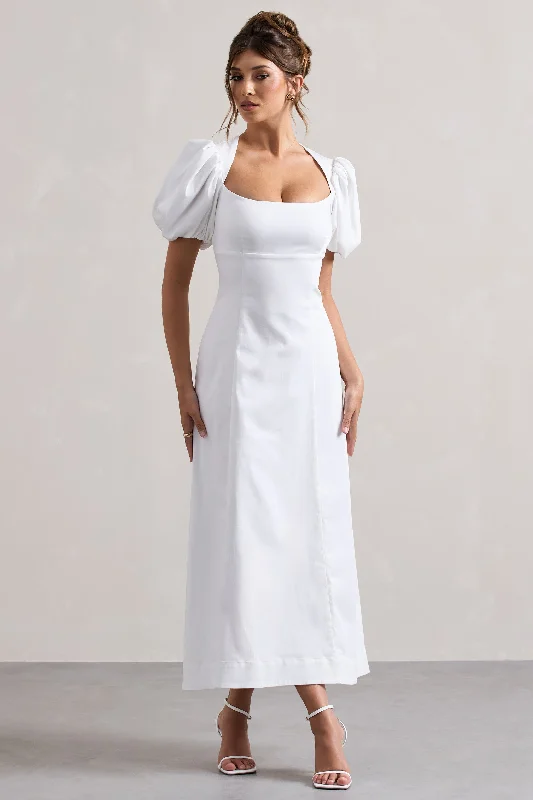 Off - the - Shoulder Women Dress for a Romantic and Feminine LookHacienda | White Poplin Puff-Sleeve Maxi Dress