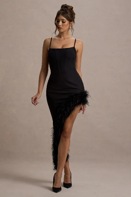 Mermaid - Style Women Dress with a Fitted Silhouette for Special OccasionsHigh Status | Black Strappy Corset Asymmetric Maxi Dress With Feather Trim