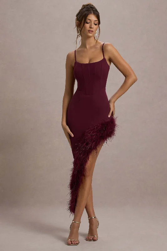 Empire Waist Women Dress to Accentuate the Bust and Conceal the WaistHigh Status | Burgundy Strappy Corset Asymmetric Maxi Dress With Feather Trim