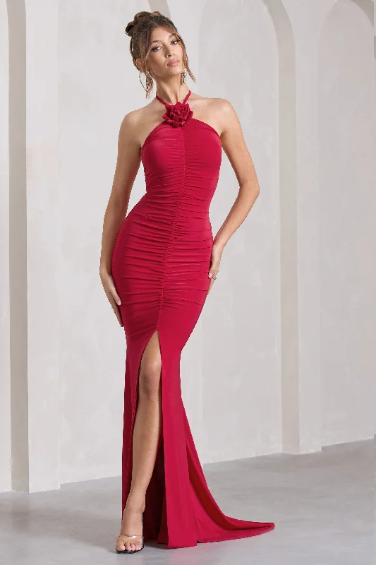 Strapless Women Dress with a Built - in Bra for Comfort and SupportHolly | Red Ruched Halter-Neck Split Fishtail Maxi Dress