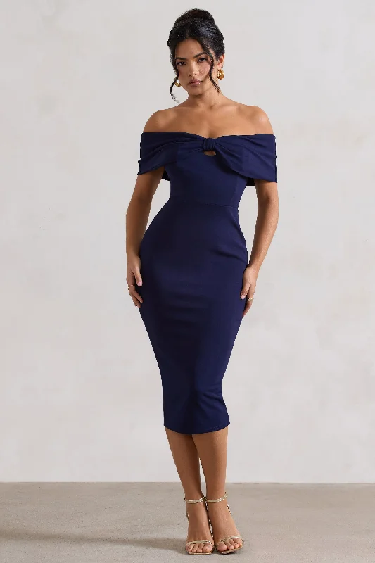 Mini Women Dress with a Short Hem for a Young and Trendy StyleHope | Navy Bow Bardot Midi Dress