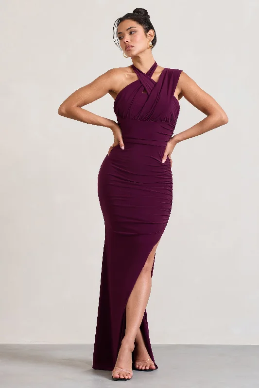 Empire Waist Women Dress to Accentuate the Bust and Conceal the WaistIgnite | Burgundy Strappy Halter-Neck Asymmetric Maxi Dress