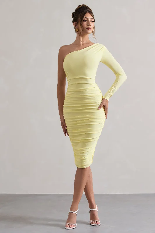 Plus Size Women Dress with a Flattering A - Line Cut for Comfort and StyleIn The Shadows | Yellow One Sleeve Midi Dress With Ruching