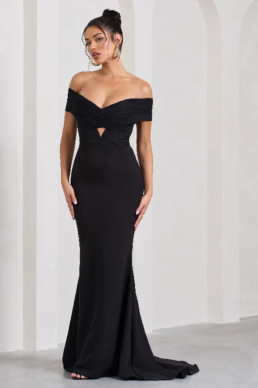 Off - the - Shoulder Women Dress for a Romantic and Feminine LookInspiration | Black Sheer Bardot Fishtail Maxi Dress