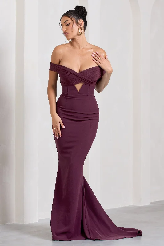 Off - the - Shoulder Women Dress for a Romantic and Feminine LookInspiration | Burgundy Sheer Bardot Fishtail Maxi Dress