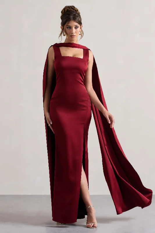 Backless Women Dress for a Sexy and Alluring Look at Evening EventsIntuition | Burgundy Satin Square-Neck Split Maxi Dress With Scarf