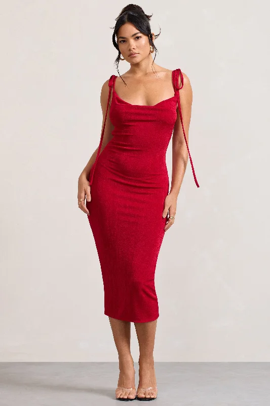 Lace - Embellished Women Dress for an Elegant and Sophisticated AppearanceIrina | Red Cowl-Neck Bodycon Midi Dress