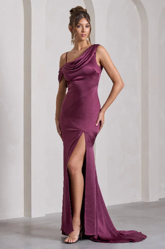 Lace - Embellished Women Dress for an Elegant and Sophisticated AppearanceJayne | Plum Satin Asymmetric Draped Split Maxi Dress