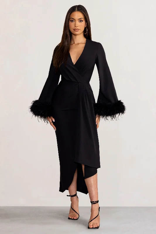 Plus Size Women Dress with a Flattering A - Line Cut for Comfort and StyleJenna | Black Plunge Midi Dress with Feather Trim Wide Sleeves and Front Tie Drape