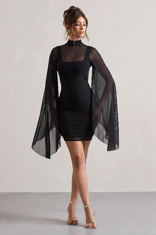 Long - Sleeve Women Dress in Velvet for a Luxurious Winter LookJenny | Black Mesh High-Neck Cape-Sleeve Mini Dress