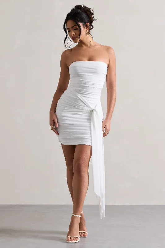 Off - the - Shoulder Women Dress for a Romantic and Feminine LookJesse | White Ruched Mini Dress With Knot Detail