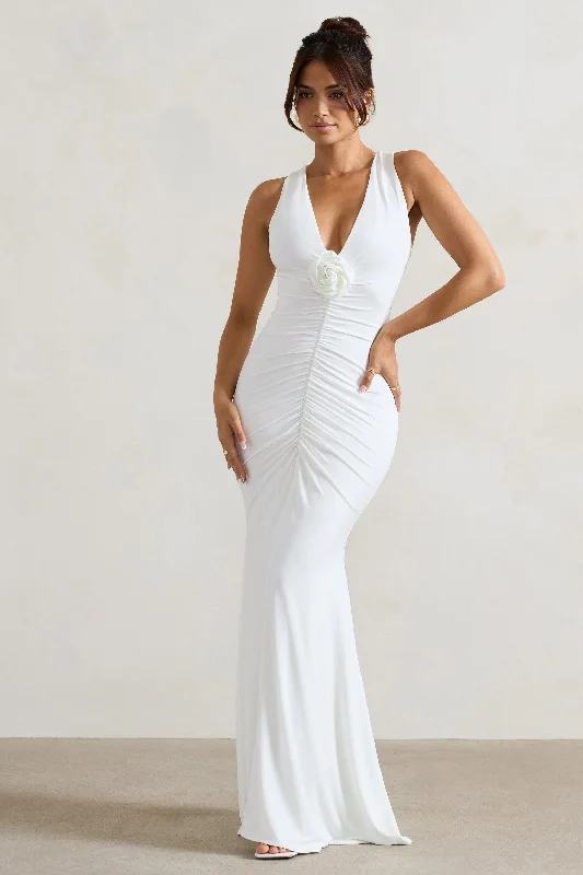 Plus Size Women Dress with a Flattering A - Line Cut for Comfort and StyleJulianna | White Plunge-Neck Ruched Maxi Dress With Corsage