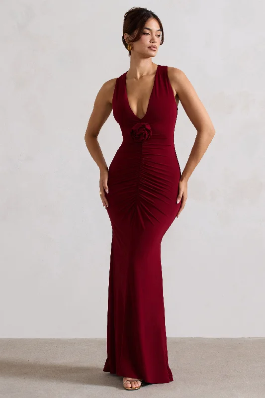 Long - Sleeve Women Dress in Velvet for a Luxurious Winter LookJulianna | Wine Plunge-Neck Ruched Maxi Dress With Corsage