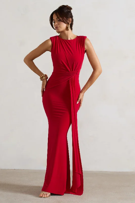 Halter Neck Women Dress to Show Off the Shoulders and NecklineKadie | Red Sleeveless Gathered Maxi Dress With Drape