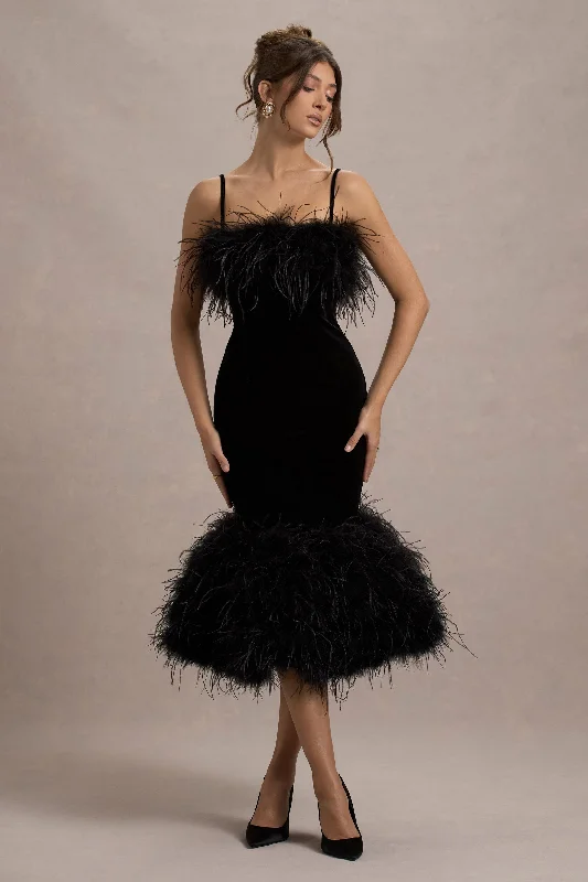 Empire Waist Women Dress to Accentuate the Bust and Conceal the WaistKalena | Black Velvet Feather Trim Midi Dress