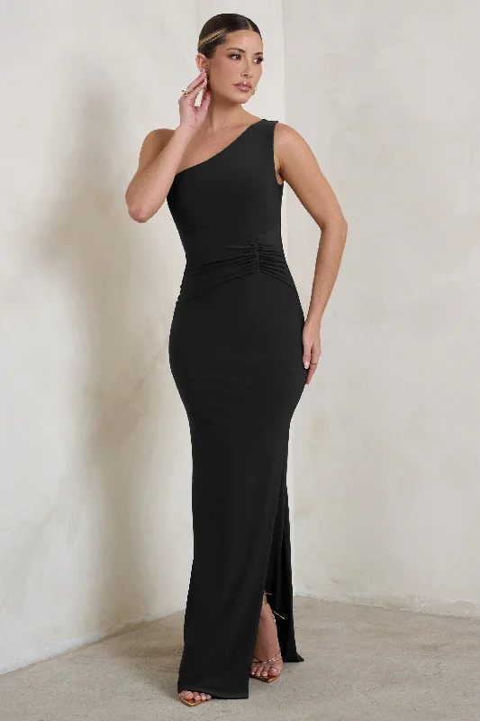 Long - Sleeve Women Dress in Velvet for a Luxurious Winter LookKary | Black One Shoulder Thigh Split Maxi Dress