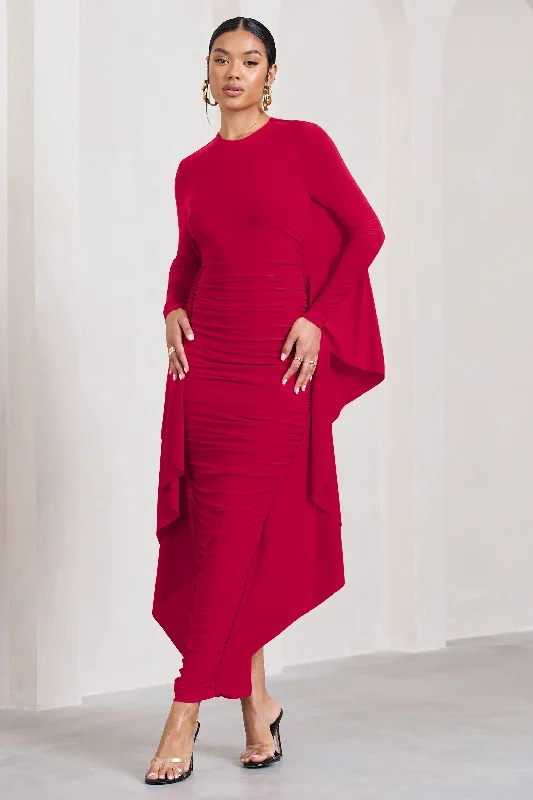 Sheath Women Dress with a Tailored Fit for a Professional LookKeva | Red Long Sleeve Ruched Maxi Dress with Cape Detailing