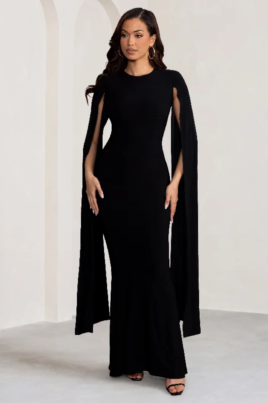 Off - the - Shoulder Women Dress for a Romantic and Feminine LookKimmy | Black High Neck Maxi Dress with Cape Sleeves