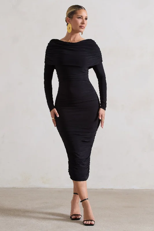 Wrap - Style Women Dress with Adjustable Fit for All Body TypesLea | Black Long Sleeve Ruched Midi Dress with Draped Bardot Overlay