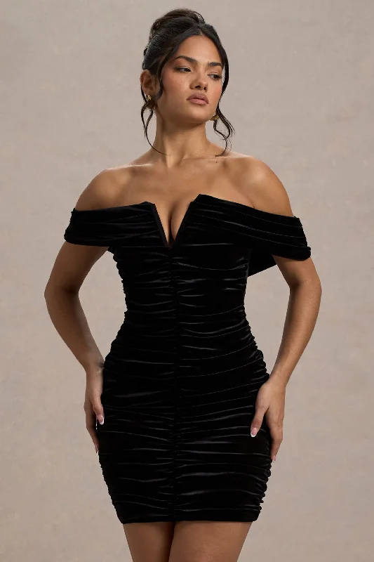 Strapless Women Dress with a Built - in Bra for Comfort and SupportLittle Glint | Black Velvet Ruched Bardot V-Neck Mini Dress