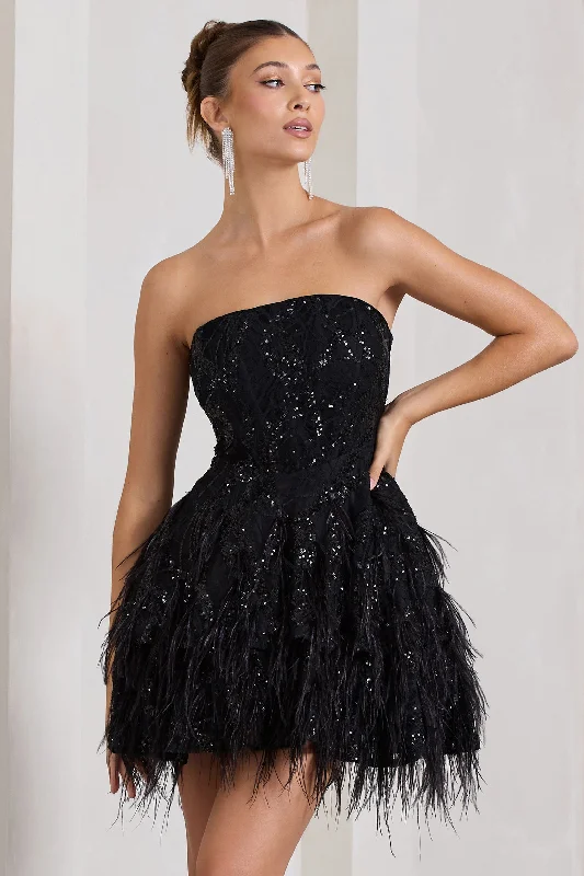 Long - Sleeve Women Dress in Velvet for a Luxurious Winter LookLittle Wish | Black Sequin Lace Strapless Mini Dress With Feathers