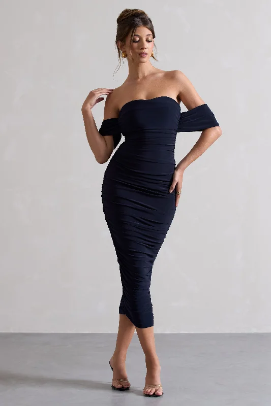 Ruffled Women Dress with Multiple Layers for a Playful and Girly StyleLost For Words | Navy Bardot Ruched Draped Midi Dress