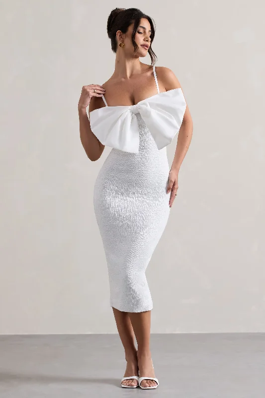 Backless Women Dress for a Sexy and Alluring Look at Evening EventsLove Poem | White Bodycon Midi Dress With Oversized Bow