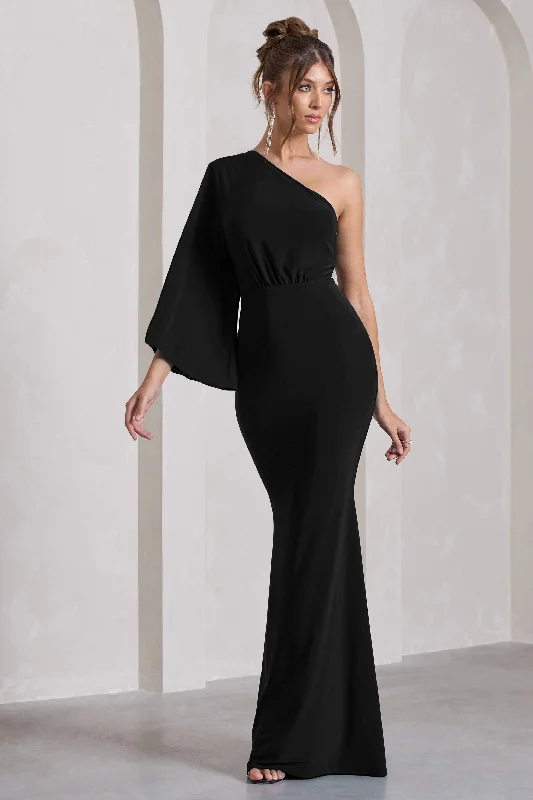 Backless Women Dress for a Sexy and Alluring Look at Evening EventsLuciana | Black One Shoulder Drape Sleeve Maxi Dress