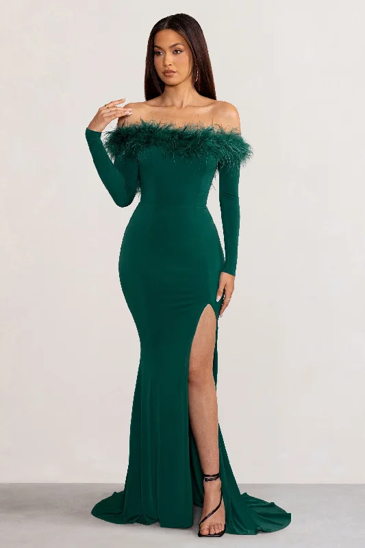 Wrap - Style Women Dress with Adjustable Fit for All Body TypesLucilu | Bottle Green Feather Bardot Long Sleeve Maxi Dress with Side Split