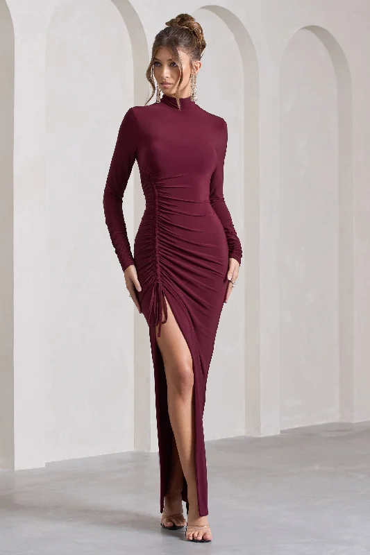 Ball Gown Women Dress with a Full Skirt for a Princess - like LookLynn | Burgundy Ruched High-Neck Split Maxi Dress