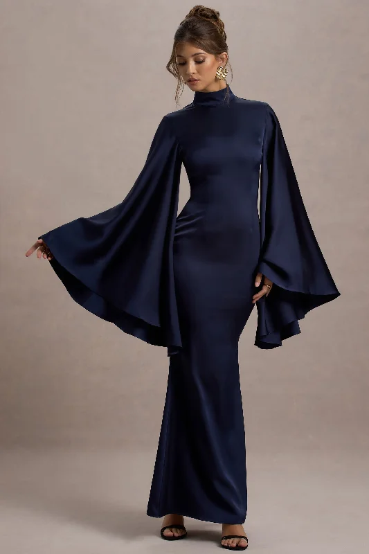 Ball Gown Women Dress with a Full Skirt for a Princess - like LookMaceline | Navy Satin High-Neck Maxi Dress With Cape Sleeves