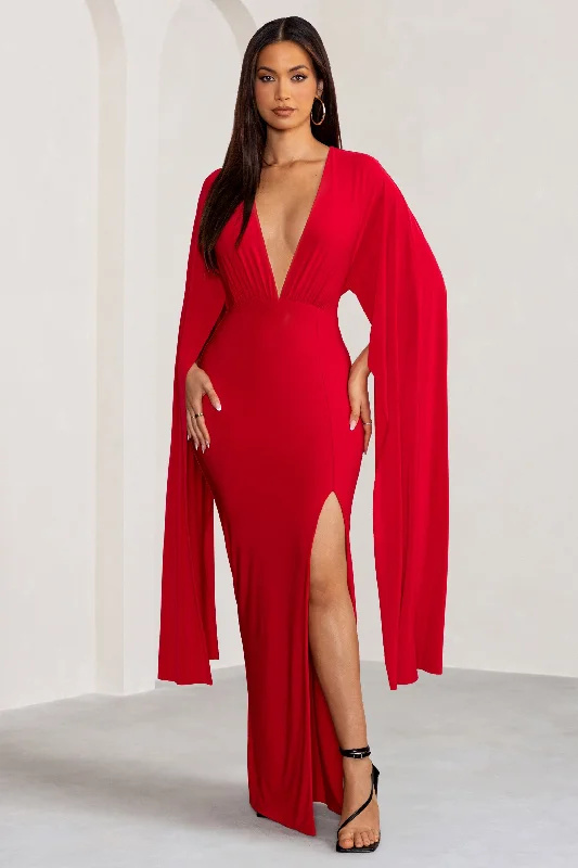 Off - the - Shoulder Women Dress for a Romantic and Feminine LookMaggie | Red Plunge Neck Maxi Dress with Cape Sleeves and Thigh Split