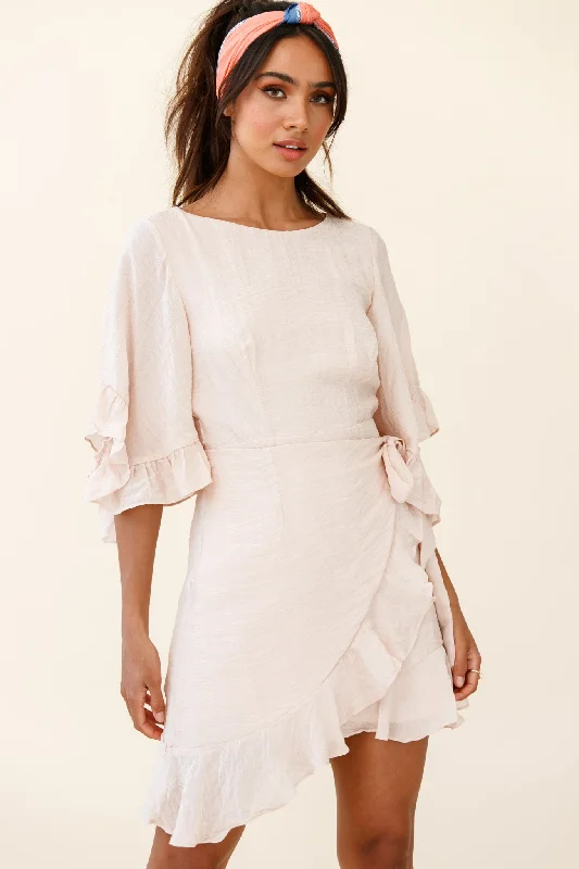 Lace - Embellished Women Dress for an Elegant and Sophisticated AppearanceMake It Happen Flared Sleeve Ruffle Trim Dress Beige