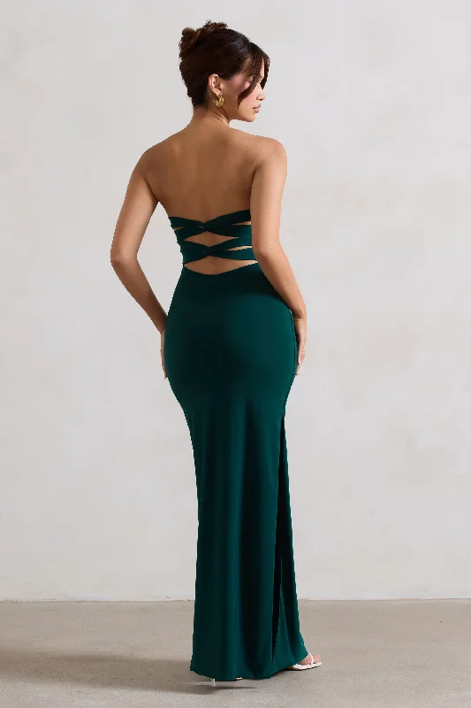 Sheath Women Dress with a Tailored Fit for a Professional LookManon | Bottle Green Sweetheart Bandeau Maxi Dress With Thigh Split