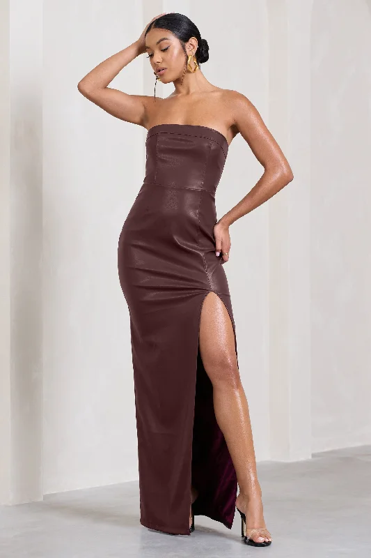 Ball Gown Women Dress with a Full Skirt for a Princess - like LookMarlene | Burgundy Faux Leather Strapless Bandeau Split Maxi Dress