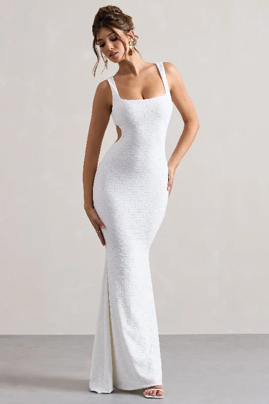 Sheath Women Dress with a Tailored Fit for a Professional LookMarseille | White Broderie Knit Square-Neck Cut-Out Maxi Dress