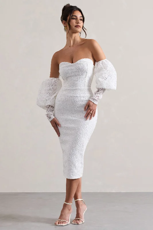 Mermaid - Style Women Dress with a Fitted Silhouette for Special OccasionsMary | White Lace Bardot Puff-Sleeve Midi Dress