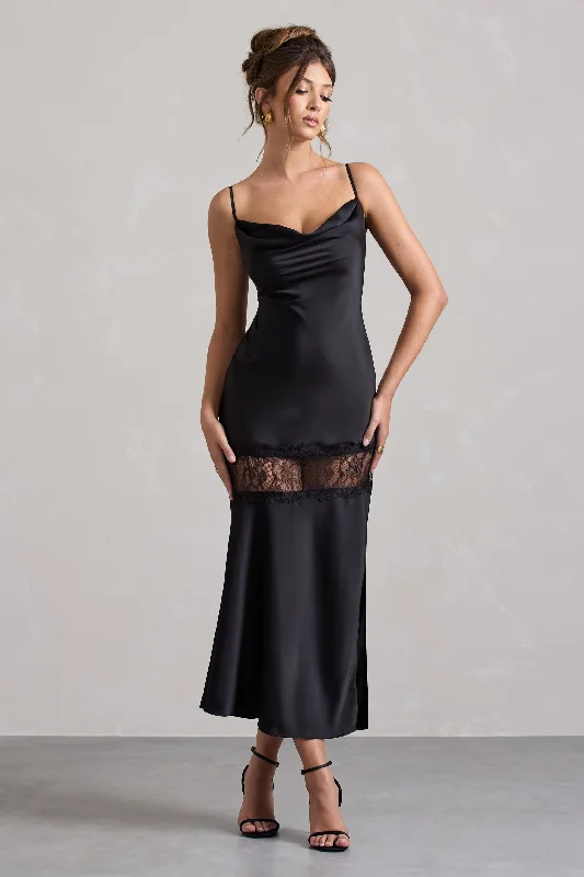 Mermaid - Style Women Dress with a Fitted Silhouette for Special OccasionsMatera | Black Satin Cowl-Neck Lace Trim Maxi Dress