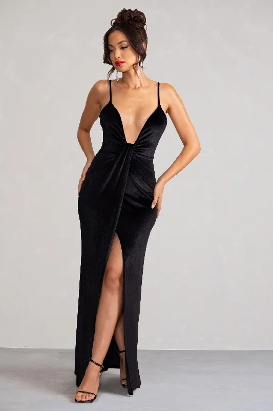 Ruffled Women Dress with Multiple Layers for a Playful and Girly StyleMiranda | Black Velvet Plunge Neck Twist Maxi Dress