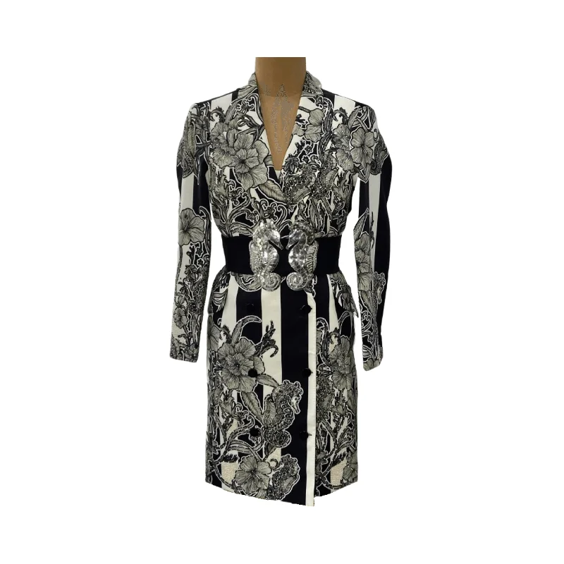 Plus Size Women's Embroidered Blazers in Floral Patterns for a Feminine TouchMonochrome Seahorse Blazer Dress