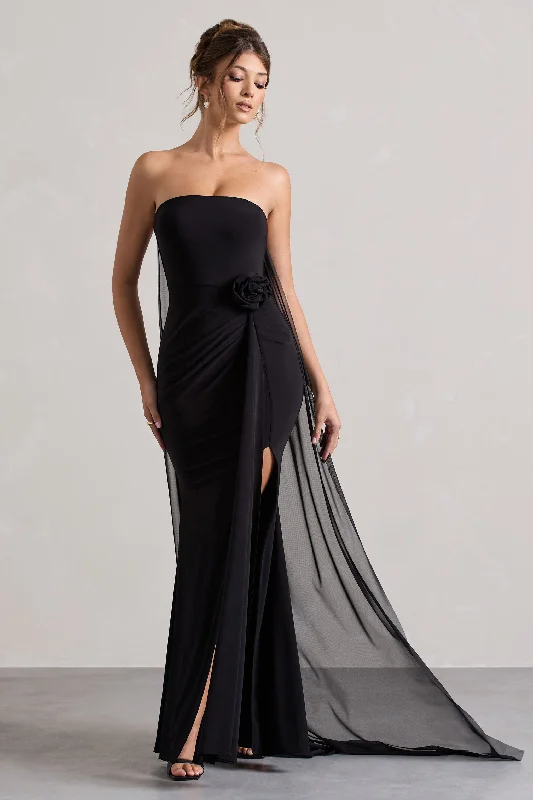 Sheath Women Dress with a Tailored Fit for a Professional LookMore To Come | Black Strapless Wrap Cape Maxi Dress With Corsage